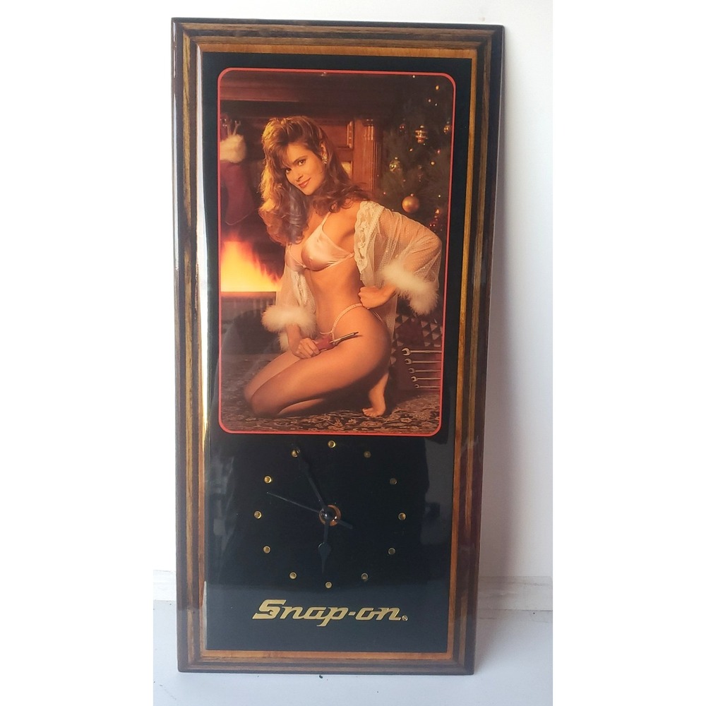 Snap On Tools Vintage 1980's 23" x 11" Wood Pinup Girl Wall Clock